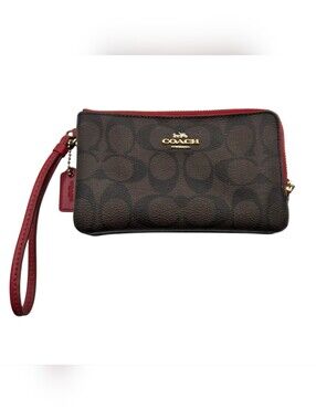 COACH Signature Canvas Wristlet in Brown with Red Trim